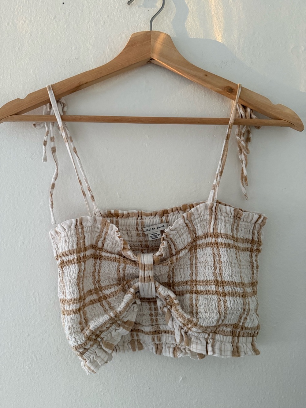American Eagle Outfitters Beige Plaid Smocked Tie-Front Camisole